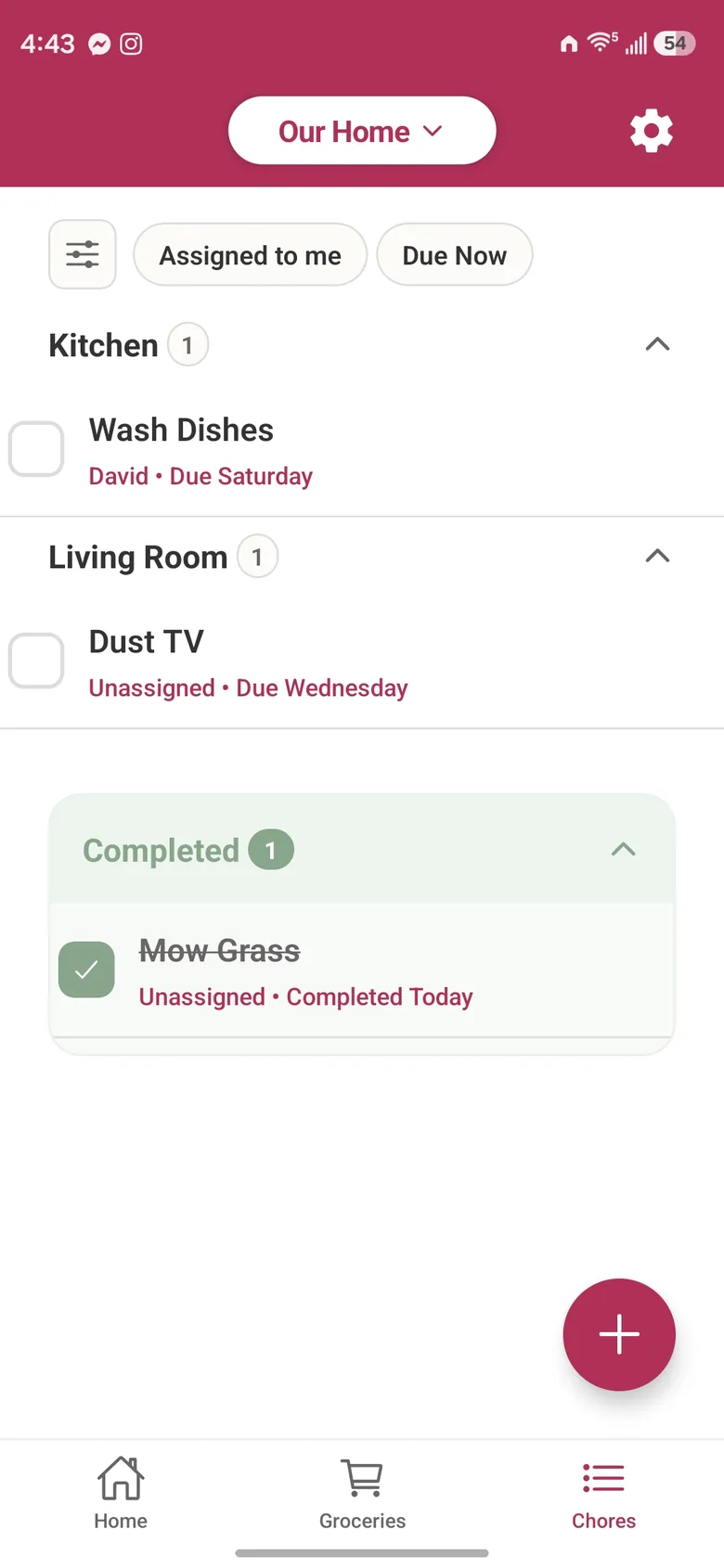 The Rosy Home chore list, grouped by room, each chore showing who it is assigned to and when it is due, with a completed section below.
