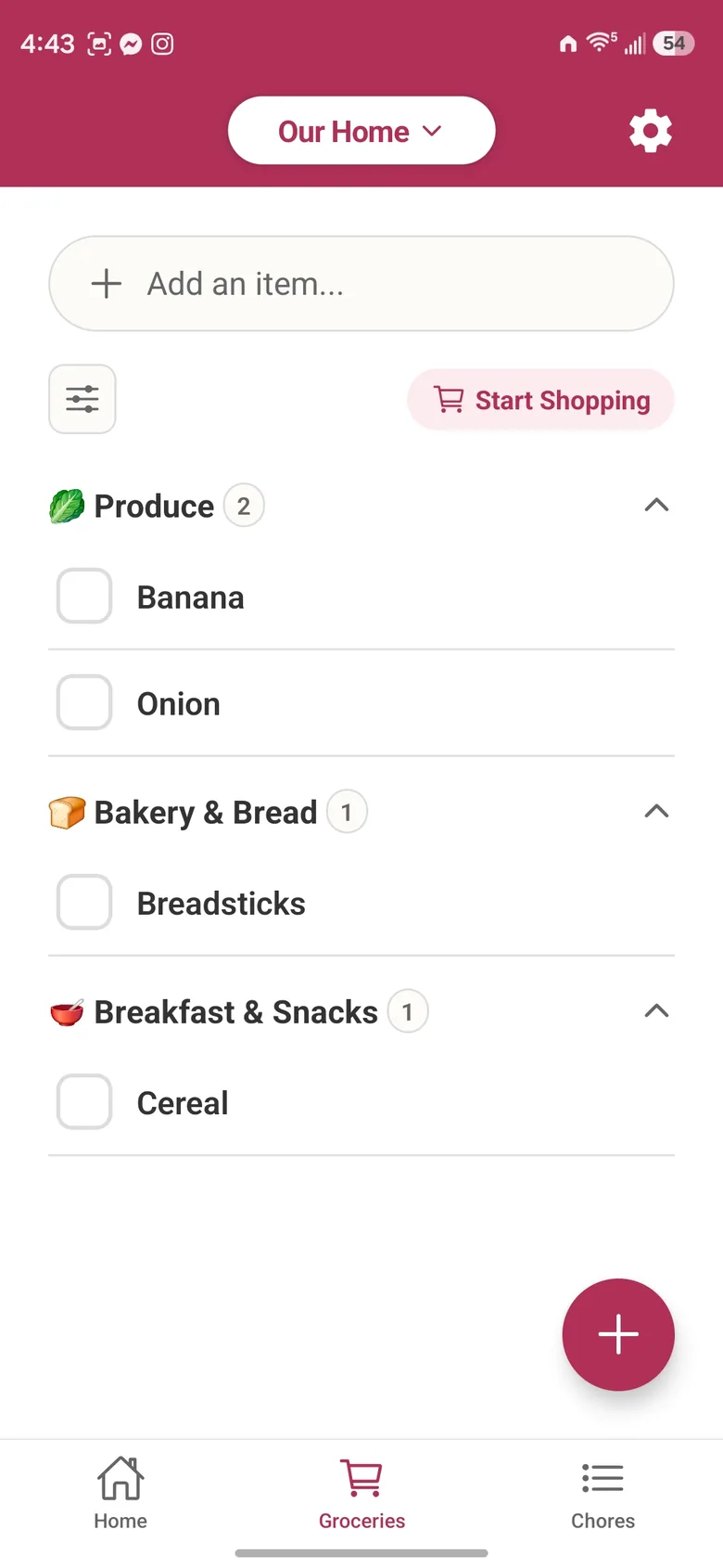 The Rosy Home grocery list, with items grouped under Produce, Bakery & Bread, and Breakfast & Snacks, and a Start Shopping button.